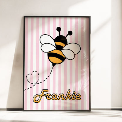 Retro Pink Bumble Bee Nursery Wall Art | Set of 3 Personalised Prints