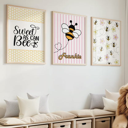 Retro Pink Bumble Bee Nursery Wall Art | Set of 3 Personalised Prints