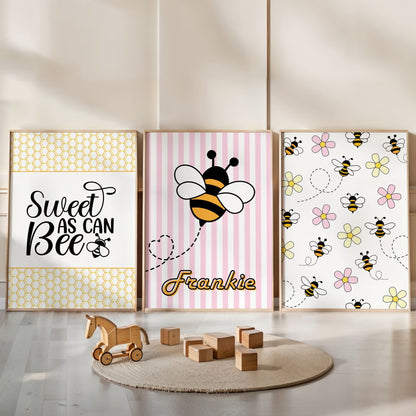 Retro Pink Bumble Bee Nursery Wall Art | Set of 3 Personalised Prints