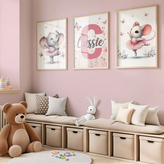 3 A4 Prints showing pink ballerina elephant, pink ballerina mouse, and the third print has a pretty pink flower and butterfly background with initial and childs name