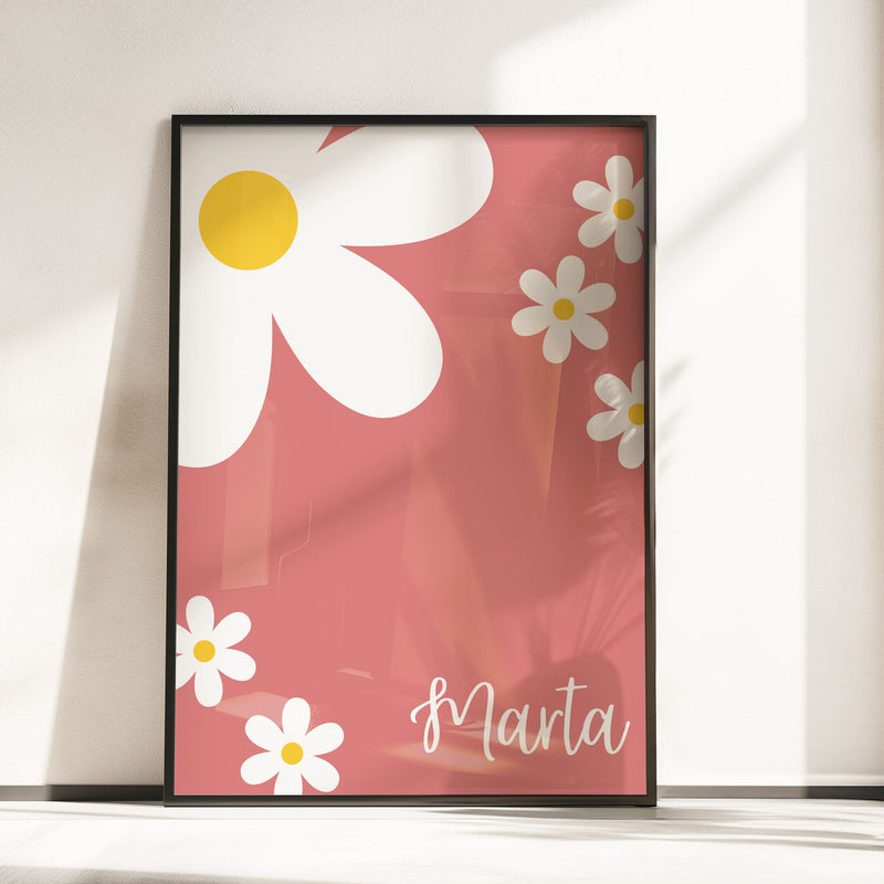 3 boho style nursery prints in shades of pink. One print with a boho pink rainbow, one with a spotty black and white background, and childs initial, one with daisys and childs name