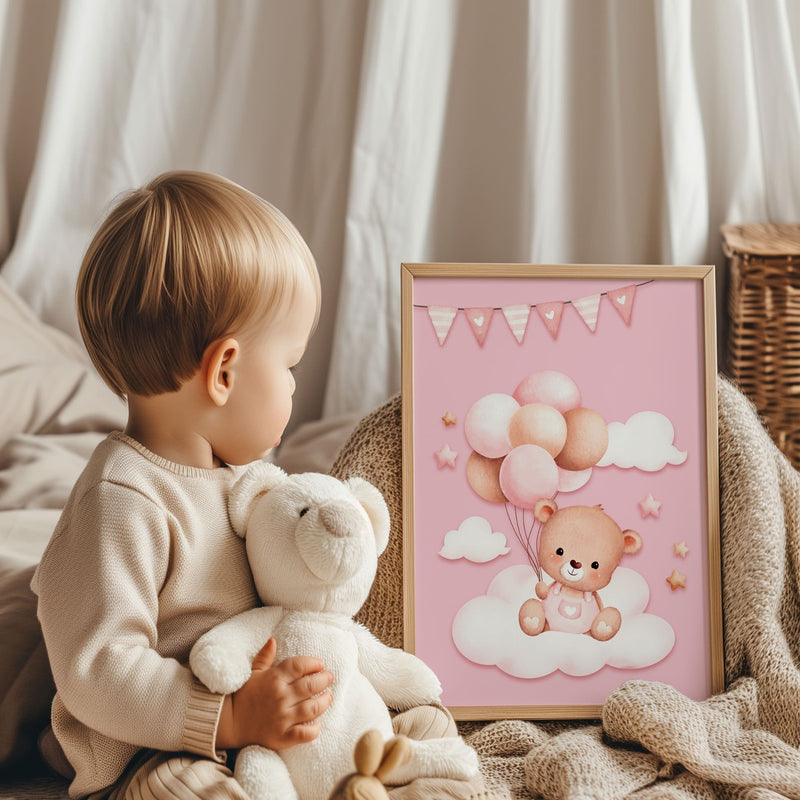 3 Nursery Prints in Shades of Baby Pink - Featuring watercolour style teddy bears, balloons and clouds. One print features childs name and initial over floating clouds background