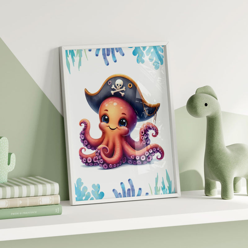 3 A4 nursery prints, one depicting a cute pirate crab with treasure, one with a cute pirate octopus and the other with bright blue seaweed background and personalised with childs initial and name overlaid