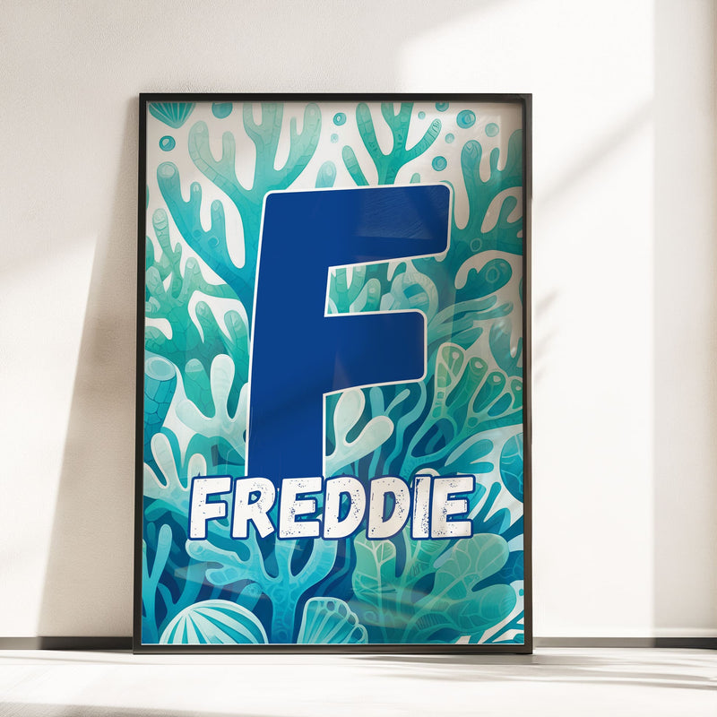 3 A4 nursery prints, one depicting a cute pirate crab with treasure, one with a cute pirate octopus and the other with bright blue seaweed background and personalised with childs initial and name overlaid
