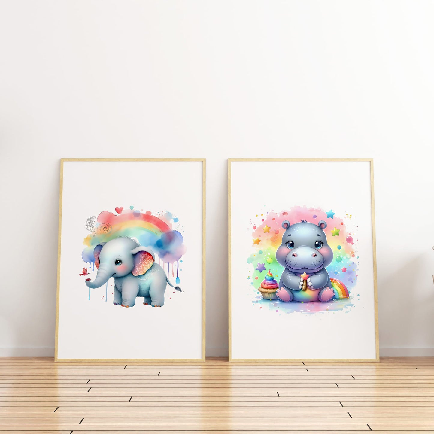 Set of two A4 prints featuring cute cartoon watercolour style elephant and hippo. Behind the animals are bright rainbow effect. Adorned with small hearts and stars. The prints are bright and colourful, adding a vibrant touch to any space.