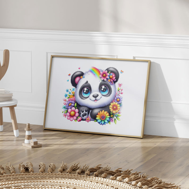 Set of two horizontal A4 prints featuring black and white drawings of a cartoon style baby panda and baby zebra. The animals' eyes are bright blue. Rainbow-coloured flowers surround the animals. The prints are very bright and colourful, adding a vibrant touch to any space.