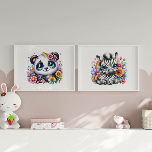 Set of two horizontal A4 prints featuring black and white drawings of a cartoon style baby panda and baby zebra. The animals' eyes are bright blue. Rainbow-coloured flowers surround the animals. The prints are very bright and colourful, adding a vibrant touch to any space.