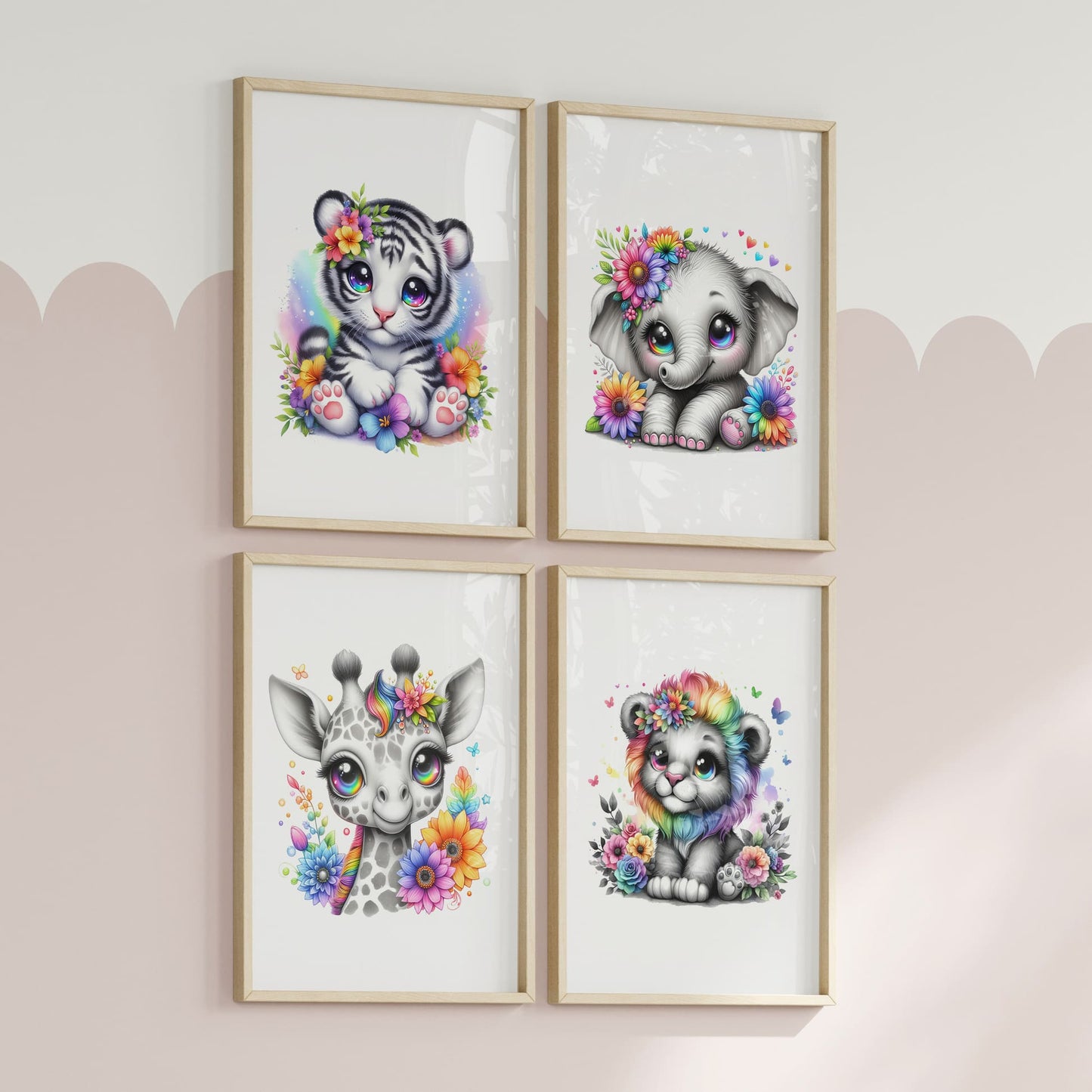 Set of four A4 prints featuring black and white cartoon style drawings of a tiger cub, lion cub, baby elephant, and baby giraffe. The animals' eyes are rainbow-coloured, and rainbow-coloured flowers surround them. The prints are very bright and colourful, adding a vibrant touch to any space.