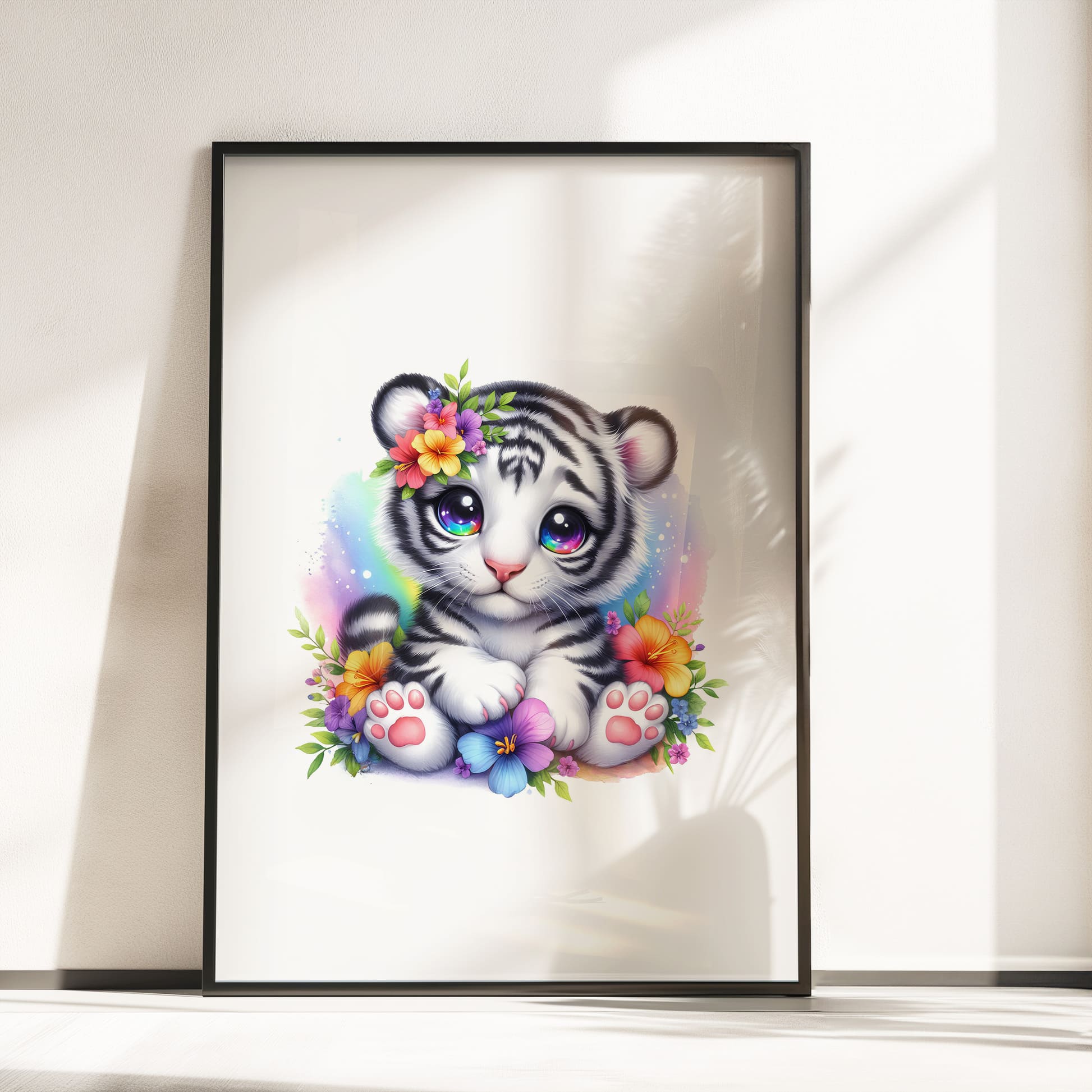 Set of four A4 prints featuring black and white cartoon style drawings of a tiger cub, lion cub, baby elephant, and baby giraffe. The animals' eyes are rainbow-coloured, and rainbow-coloured flowers surround them. The prints are very bright and colourful, adding a vibrant touch to any space.