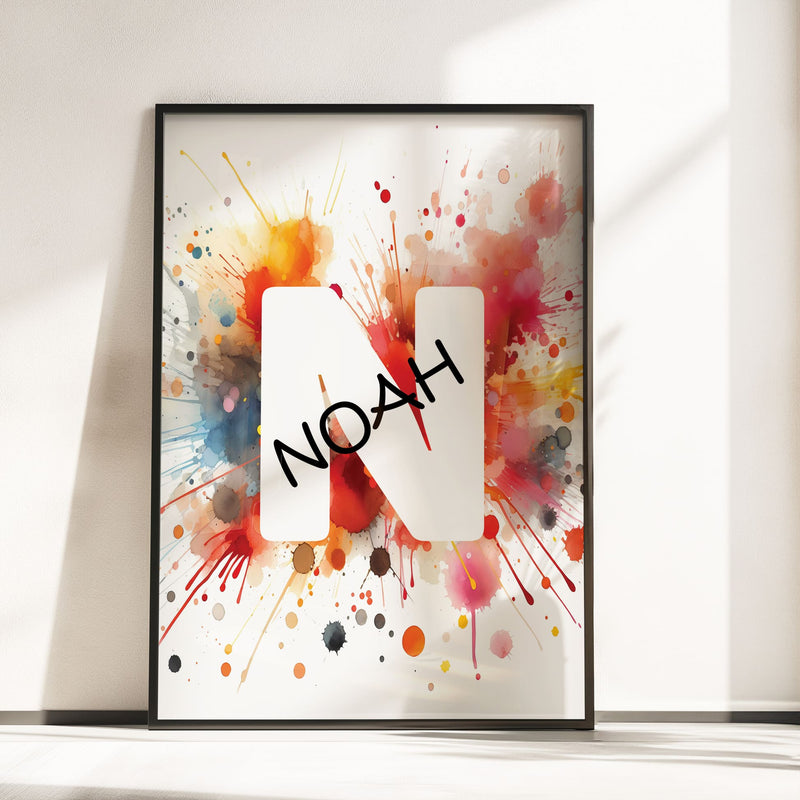 Set of 3 dinosaur prints for children's nursery décor. Two prints feature vibrant, red and yellow dinosaurs in watercolour effects, while the third showcases watercolour splashes with a white initial letter and personalised black name