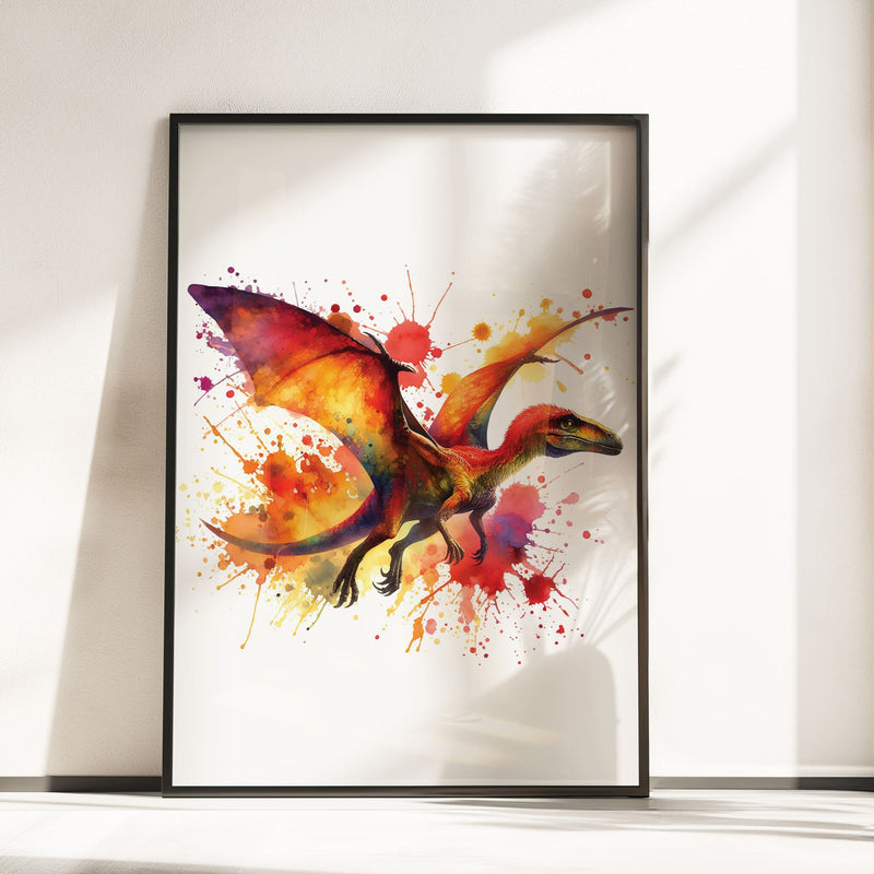 Set of 3 dinosaur prints for children's nursery décor. Two prints feature vibrant, red and yellow dinosaurs in watercolour effects, while the third showcases watercolour splashes with a white initial letter and personalised black name