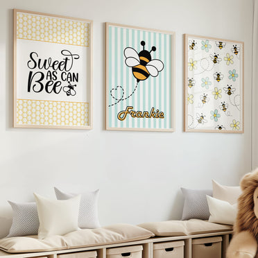 Retro Bumble Bee Nursery Wall Art | Set of 3 Personalised Name Prints