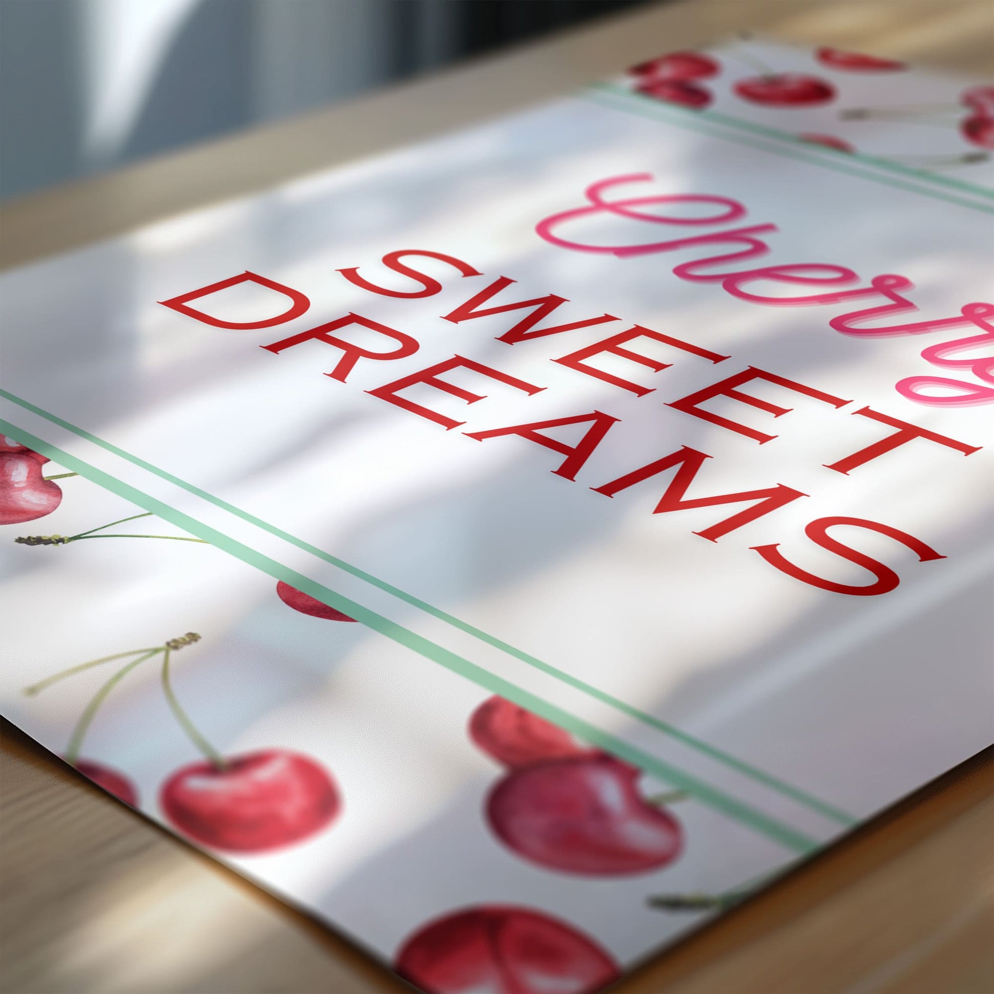 Cherry print nursery wall decor set of three – includes a sweet cherry pattern, a print with the words "Cherry Sweet Dreams", and a personalised cherry illustration with your child’s name. Bright and playful fruit-themed room decor for babies and kids.