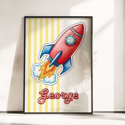Retro Rocket Ship Nursery Wall Art | Set of 3 Personalised Space Prints
