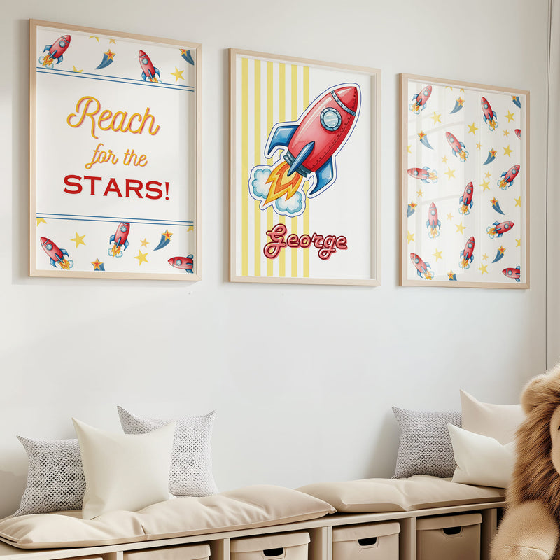 Retro Rocket Ship Nursery Wall Art | Set of 3 Personalised Space Prints