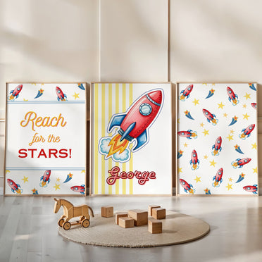 Retro Rocket Ship Nursery Wall Art | Set of 3 Personalised Space Prints