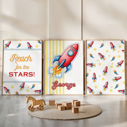 Retro Rocket Ship Nursery Wall Art | Set of 3 Personalised Space Prints