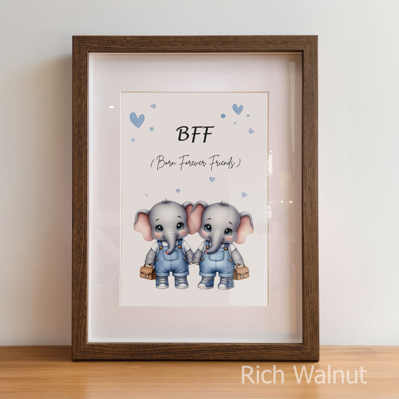 Twin Elephant Art - Blue | Personalised Nursery Prints