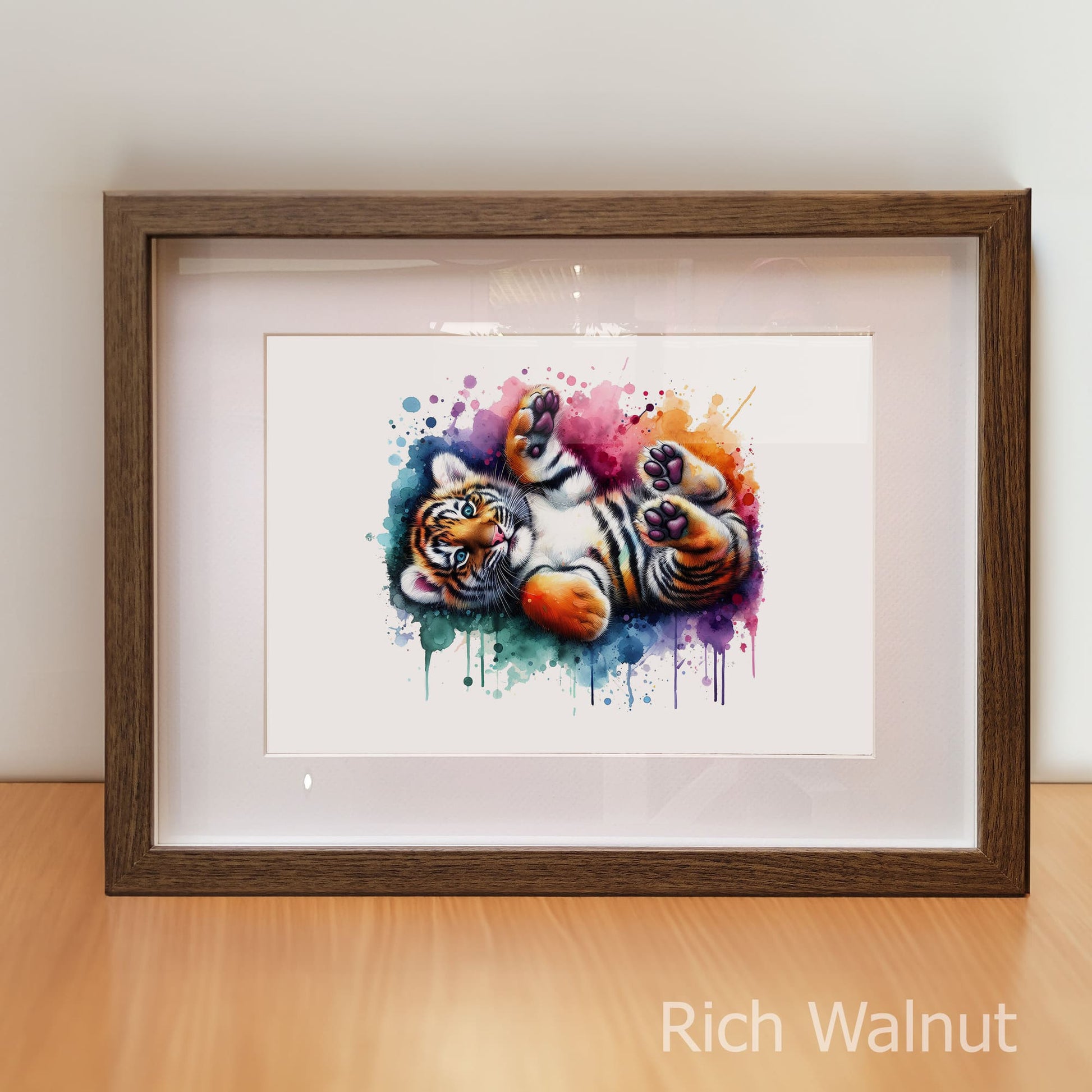 Framed artwork of two tiger cubs on a white background with 'Rich Walnut' frame.