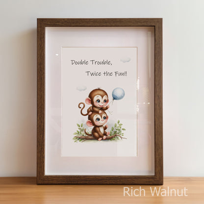 Playful Monkey Twins Art Set | Personalised Nursery Wall Art