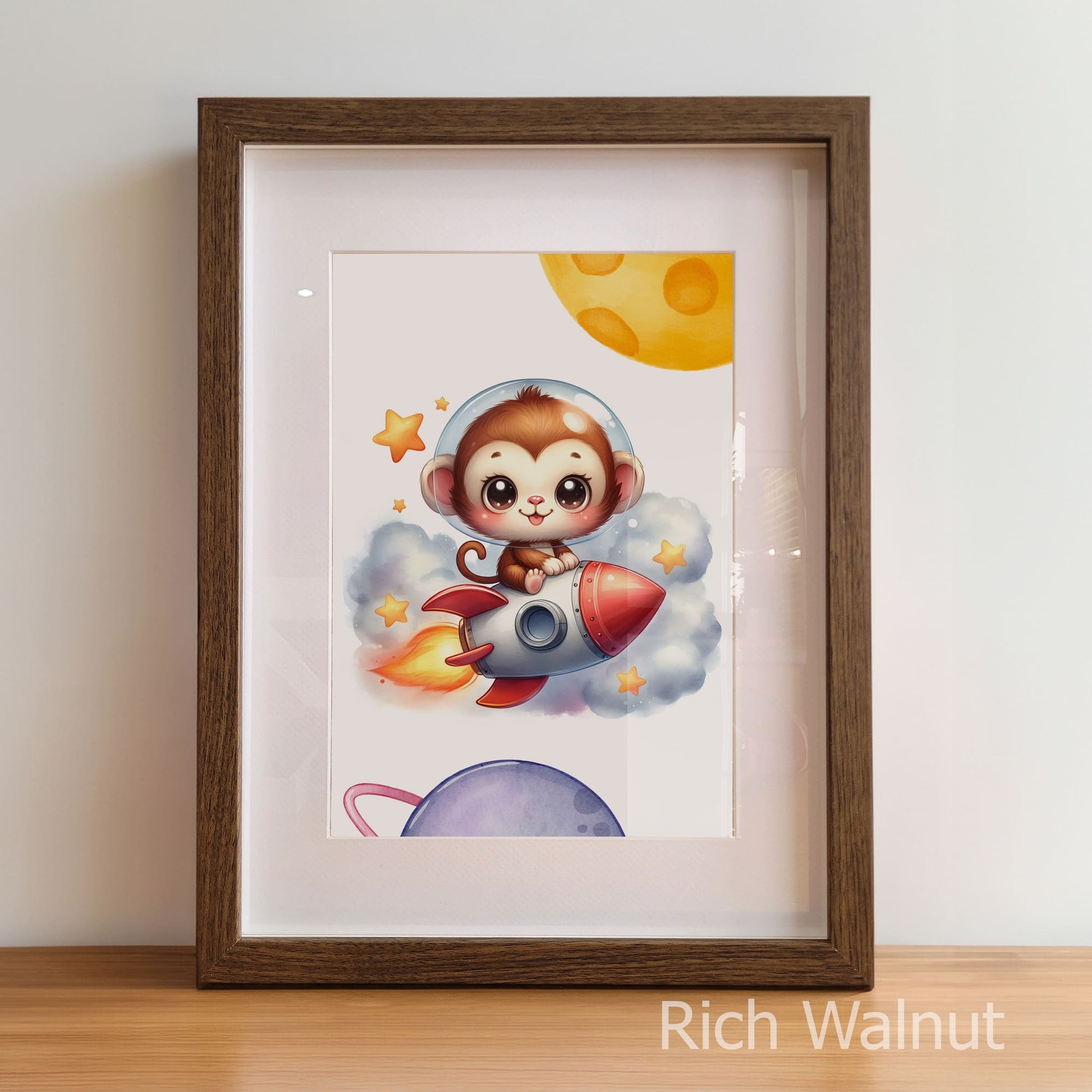 Framed artwork of a cartoon monkey on a rocket with a wooden frame.