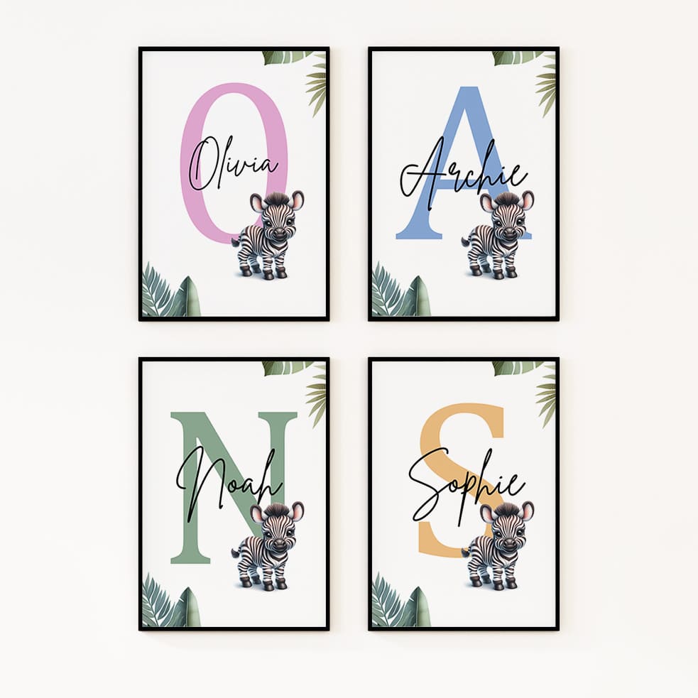 Image featuring four prints, each with a small zebra image overlaid on a large initial in the background. The initials in each print are of different colours, with a personalised name written across them.