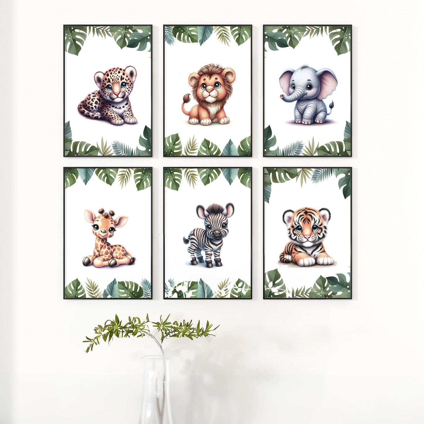 Set of six A4 prints featuring safari animals - lion cub, tiger cub, cheetah cub, elephant, giraffe, and zebra. The animals are depicted as baby animals, in a cartoony and bright style reminiscent of coloured pencil drawings. Jungle-style leaves adorn the edges of the prints.