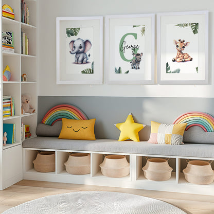 Safari Animals Art Set | Set of 3 Personalised Nursery Prints