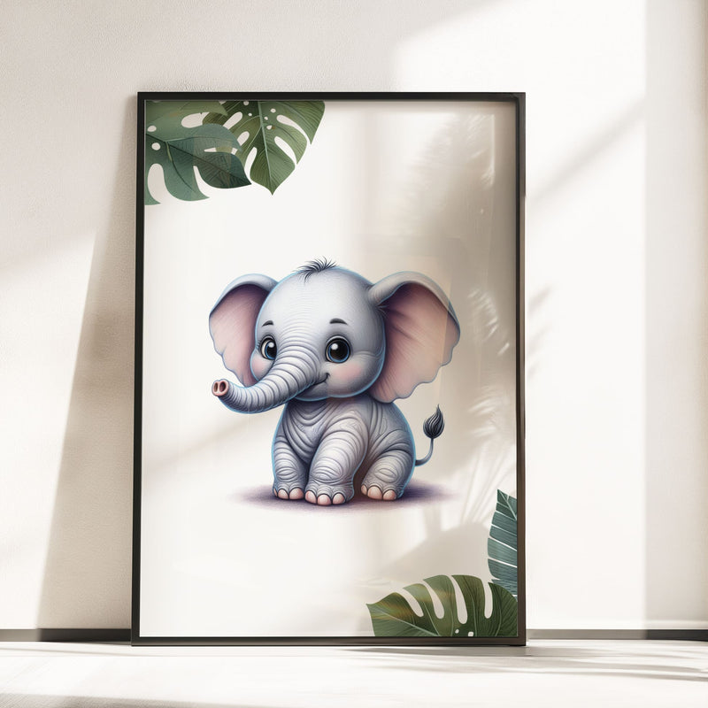 Set of three A4 prints featuring cartoony and brightly illustrated safari animals – an elephant, giraffe, and zebra. The animals are depicted in the style of coloured pencil drawings with jungle-style leaves adorning the edges of the prints. The middle print features a smaller animal compared to the others, with a large initial letter in the background. A personalised name is overlaid in black across the initial letter