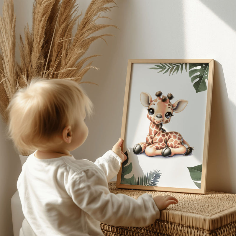 Set of three A4 prints featuring cartoony and brightly illustrated safari animals – an elephant, giraffe, and zebra. The animals are depicted in the style of coloured pencil drawings with jungle-style leaves adorning the edges of the prints. The middle print features a smaller animal compared to the others, with a large initial letter in the background. A personalised name is overlaid in black across the initial letter