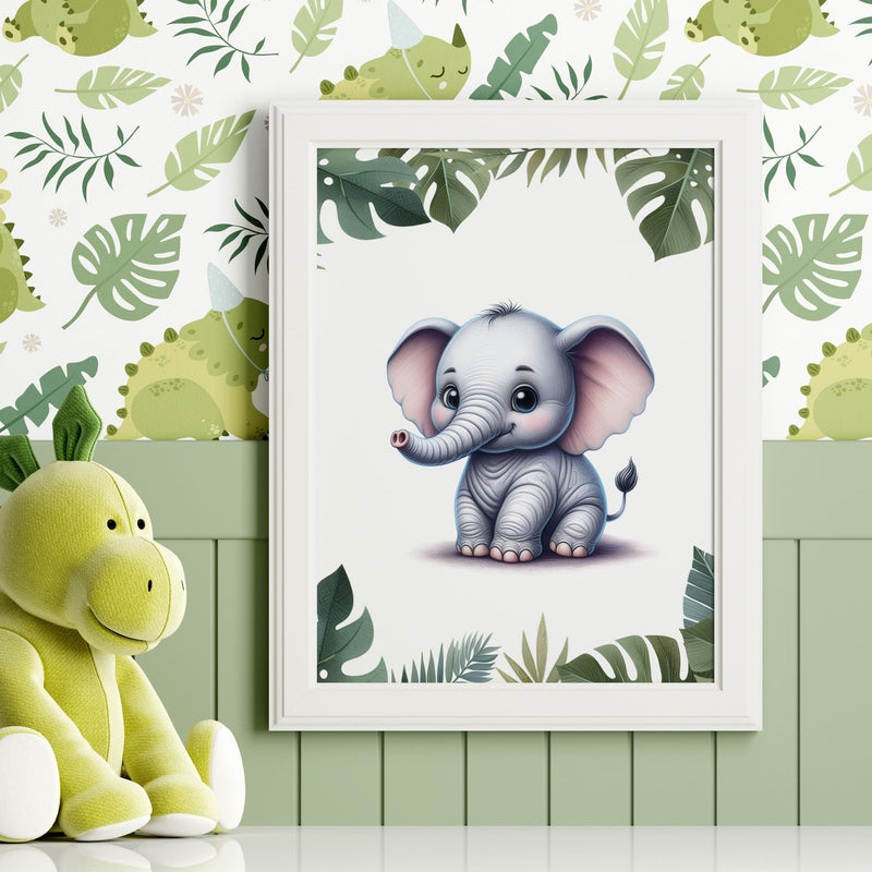 Set of six A4 prints featuring safari animals - lion cub, tiger cub, cheetah cub, elephant, giraffe, and zebra. The animals are depicted as baby animals, in a cartoony and bright style reminiscent of coloured pencil drawings. Jungle-style leaves adorn the edges of the prints.