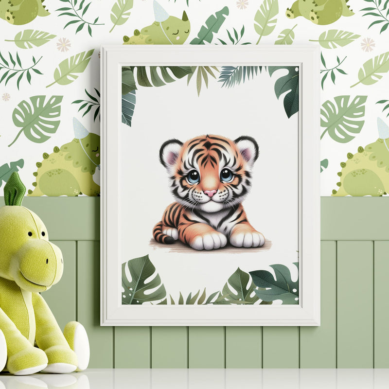 Set of six A4 prints featuring safari animals - lion cub, tiger cub, cheetah cub, elephant, giraffe, and zebra. The animals are depicted as baby animals, in a cartoony and bright style reminiscent of coloured pencil drawings. Jungle-style leaves adorn the edges of the prints.
