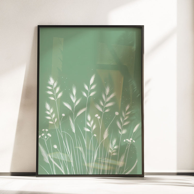 A set of three botanical prints with white grass silhouettes on soft sage green backgrounds, creating a calming and elegant nursery decor piece.