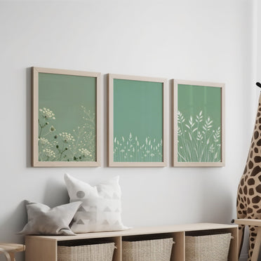 A set of three botanical prints with white grass silhouettes on soft sage green backgrounds, creating a calming and elegant nursery decor piece.