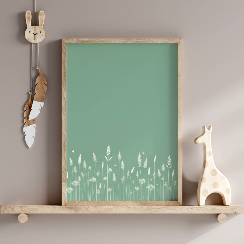 A set of three botanical prints with white grass silhouettes on soft sage green backgrounds, creating a calming and elegant nursery decor piece.