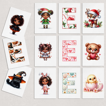 Halloween Nursery Prints Set of 3 | Witch, Cat & Pumpkin Initial | Seasonal Kids Wall Art Prints