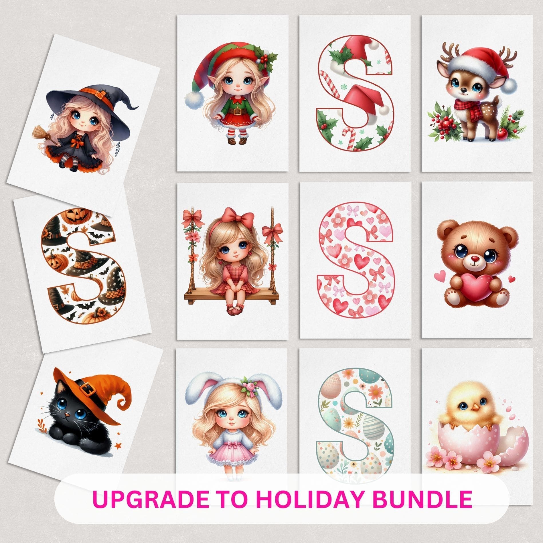 Set of 12 Seasonal Holiday Childrens Prints featuring designs for Christmas, Halloween, Easter and Valentines, personalised with childs initial letter