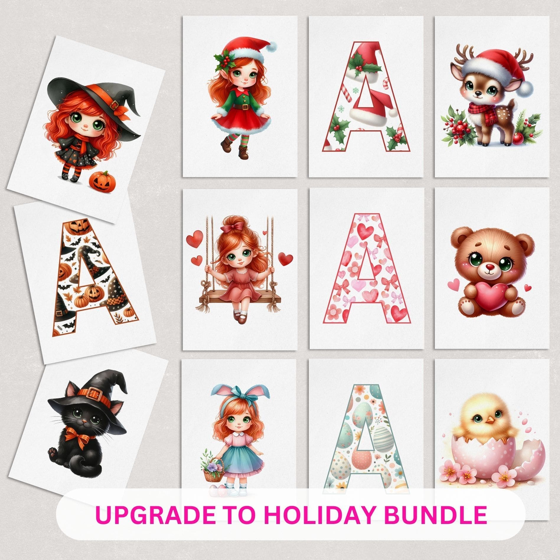 Set of 12 Seasonal Holiday Childrens Prints featuring designs for Christmas, Halloween, Easter and Valentines, personalised with childs initial letter