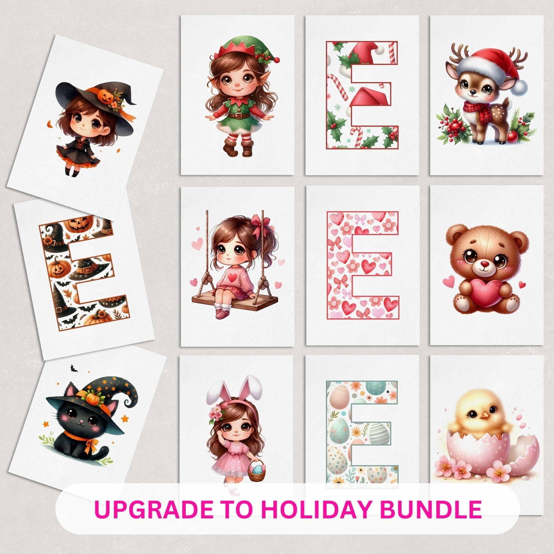 Set of 12 Seasonal Holiday Childrens Prints featuring designs for Christmas, Halloween, Easter and Valentines, personalised with childs initial letter