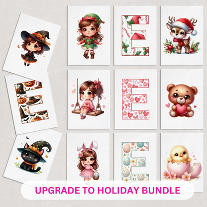 Set of 12 Seasonal Holiday Childrens Prints featuring designs for Christmas, Halloween, Easter and Valentines, personalised with childs initial letter
