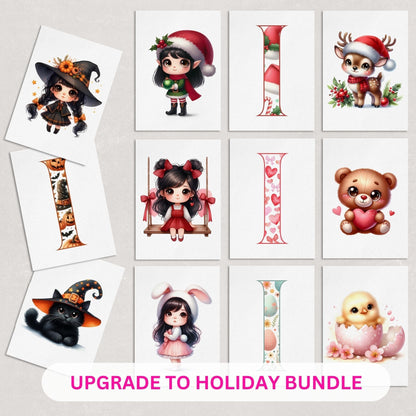 Set of 12 Seasonal Holiday Childrens Prints featuring designs for Christmas, Halloween, Easter and Valentines, personalised with childs initial letter