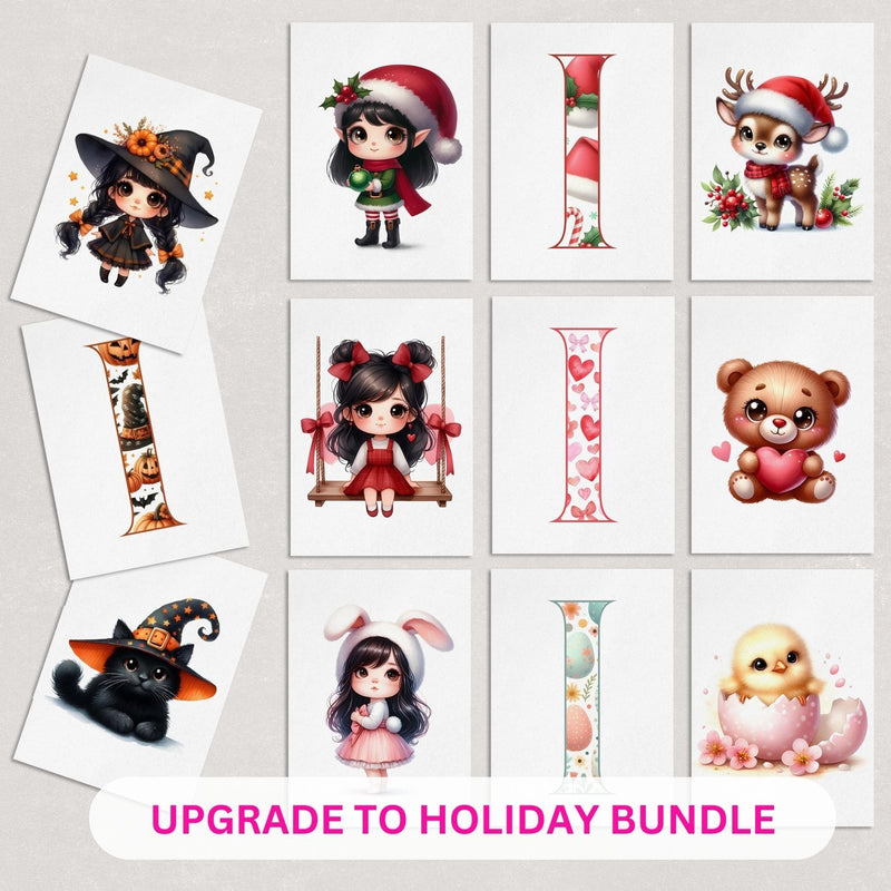 Set of 12 Seasonal Holiday Childrens Prints featuring designs for Christmas, Halloween, Easter and Valentines, personalised with childs initial letter