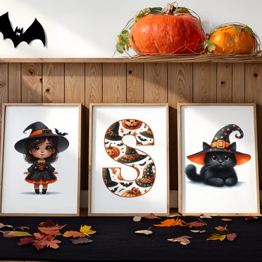 Halloween Nursery Prints Set of 3 | Witch, Cat & Initial | Seasonal Kids Wall Art Prints