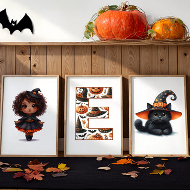 Halloween Nursery Prints Set of 3 | Witch, Cat & Pumpkin Initial | Seasonal Kids Wall Art Prints