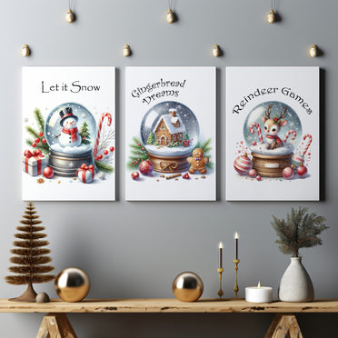Set of 3 Christmas Childrens wall prints, each features a different whimsicle snowglobe design. Bright and Cheerful Christmas nursery decor