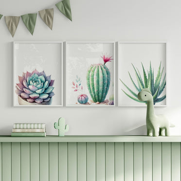  A set of three pastel botanical prints featuring a cactus, succulent, and aloe vera, offering a soft, desert-inspired aesthetic.