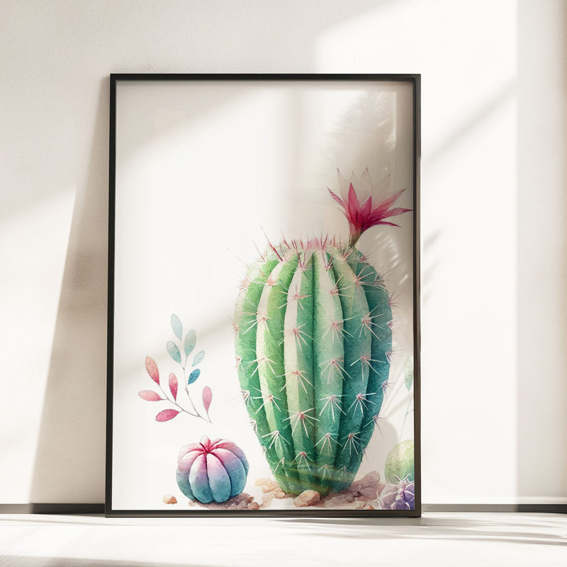  A set of three pastel botanical prints featuring a cactus, succulent, and aloe vera, offering a soft, desert-inspired aesthetic.