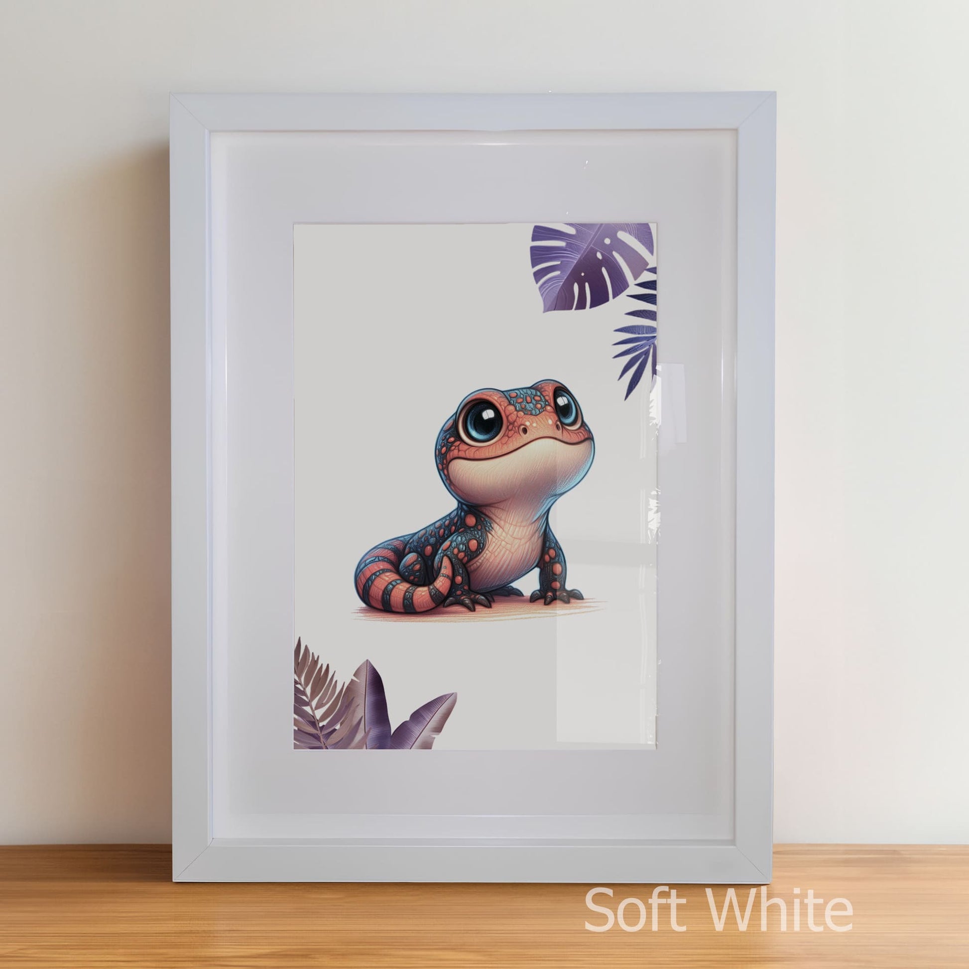Framed artwork of a cartoon lizard with leaf designs on a white wall.