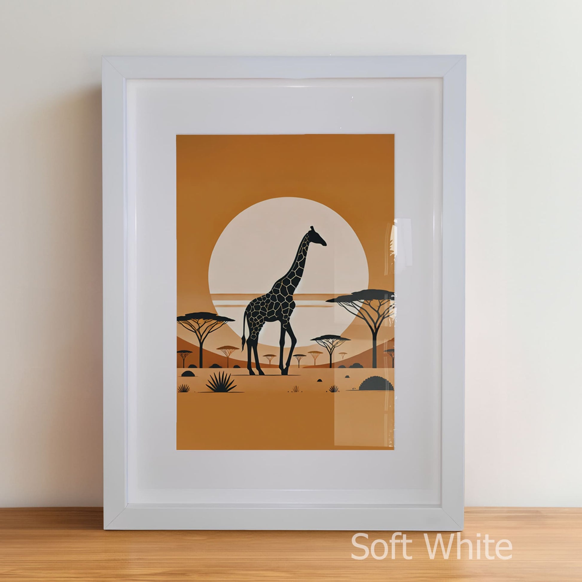Framed artwork of a giraffe in an African landscape with a soft white frame.
