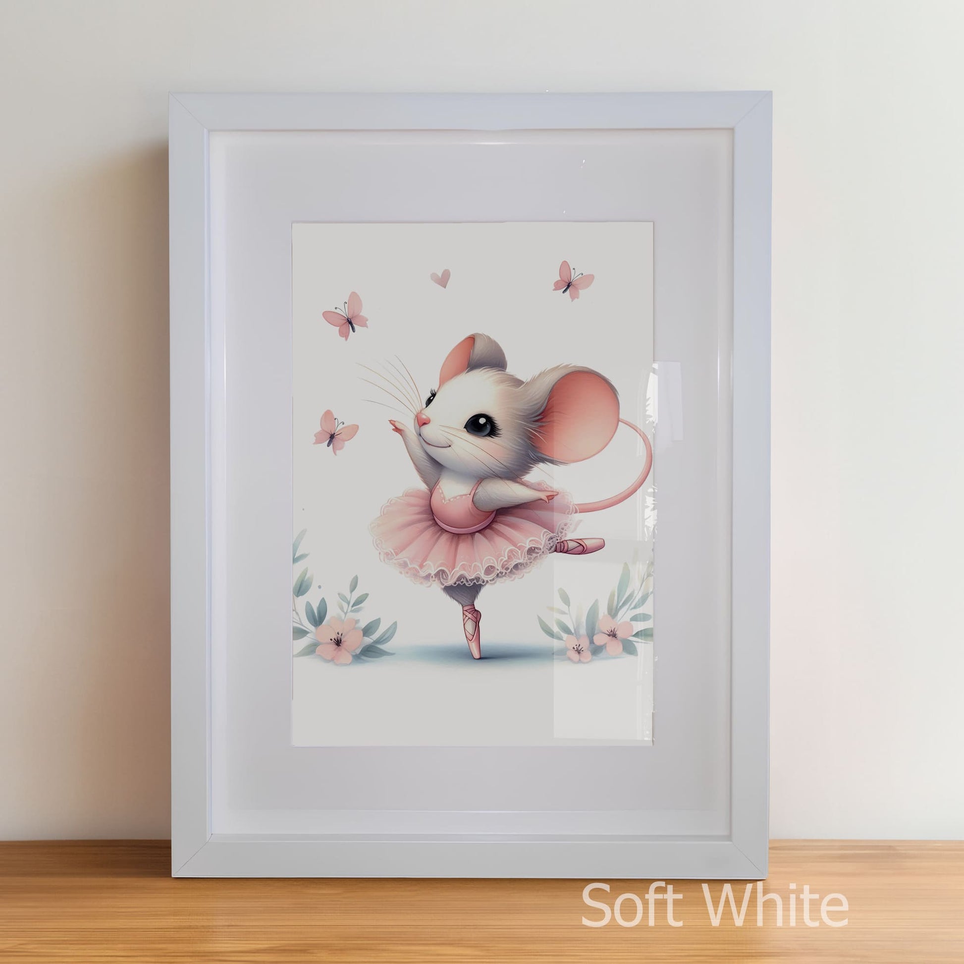 Framed artwork of a ballerina mouse with butterflies and flowers on a light background.